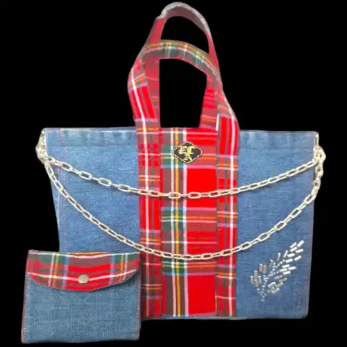 borsa in jeans e tartan con portafoglio abbinato