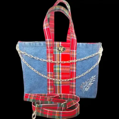 borsa in jeans e tartan con tracolla staccabile