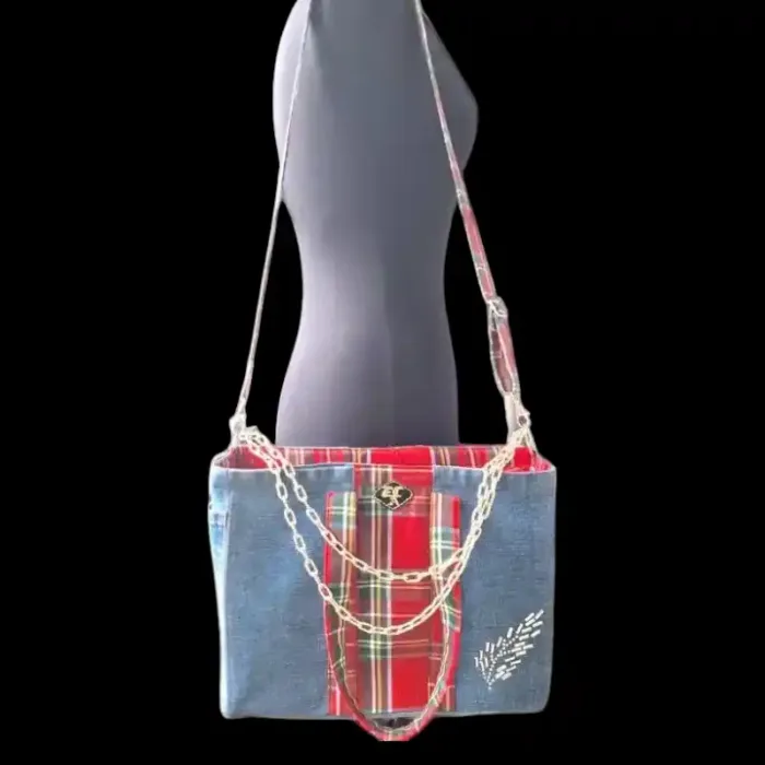 borsa jeans e tartan portata a tracolla