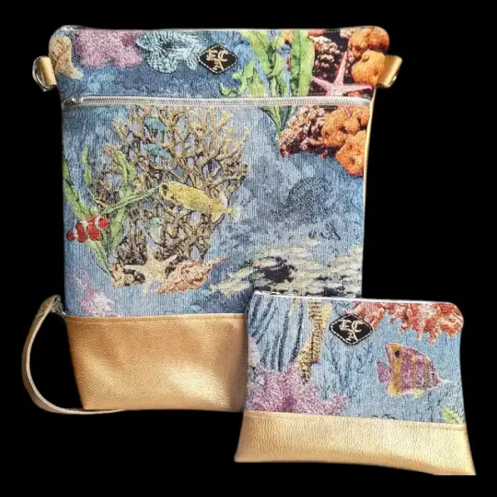 zaino convertibile con pochette fantasia marina ed ecopelle oro